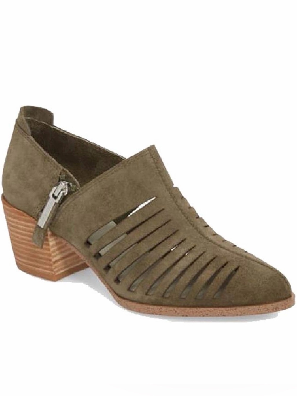 Women's Olive Suede Cutout Low Block Heel Mules